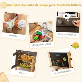 Cozinha Ar Livre para Crianças com Quadro Preto Fogões Pia Torneira Forno Acessórios de Cozinha e Prateleiras cor Natural