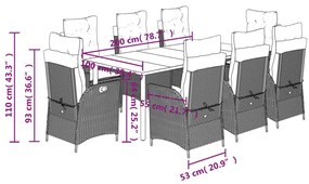 9 pcs conjunto de jantar p/ jardim c/ almofadões vime PE cinza