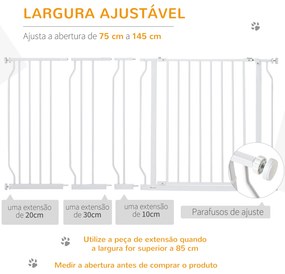 Barreira de Segurança para Cães Extensível para Escadas e Portas 75-145cm com 3 Extensões Altura 76cm Branco