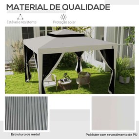 Pérgola de Jardim com 4 Mosquiteiras Teto Duplo 8 Orifícios de Drenagem e Estrutura de Metal 297x297x268 cm Creme