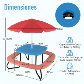 Mesa de atividades jardim crianças com guarda-sol ajustável e dobrável, 4 bancos incorporados até 8 crianças, 125 × 125 × 100-160 cm  azul