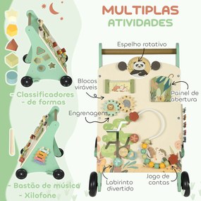 Andador de Madeira para Bebé Centro de Atividades de Aprendizagem Montessori com Controlo de Velocidade com Xilofone 33,5x36x46,8 cm Verde