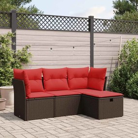 4 pcs conjunto sofás de jardim c/ almofadões vime PE castanho