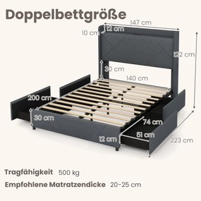 Estrutura de cama dupla com luzes LED 200 x 140 cm (SEM COLCHÃO), com estação de carregamento, e 4 gavetas, cinzenta