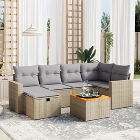 7 pcs conj. sofás jardim c/ almofadões vime PE bege misturado