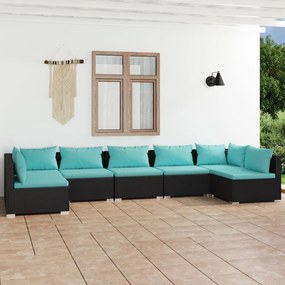 7 pcs conjunto lounge de jardim c/ almofadões vime PE preto