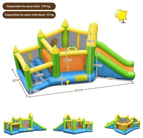 Castelo insuflável para crianças com deslizador de bolas e cesto de basquetebol Sem ventilador 477 x 241 x 208 cm