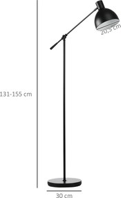 Candeeiro de pé para sala de estar, 40 W, altura ajustável, abajur e braço orientável, interruptor de pé, casquilho E27, preto