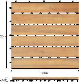 10 Ladrilhos de madeira de acácia para varanda interior e exterior 30 x 30 x 2,5 cm Castanho