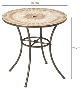 Outsunny Mesa de Jardim Redonda Mesa Auxiliar de Mosaico com Pés de Metal com Orifício para Chapéu de Sol para Pátio Terraço Ø75x75 Bege e Marrom
