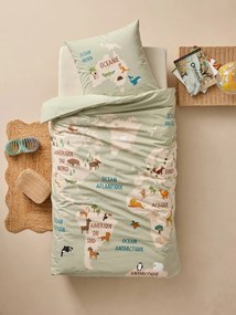 Conjunto de capa de edredão e fronha volta ao mundo dos animais com algodão reciclado, para criança verde-salva