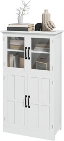 Aparador de cozinha com armário de arrumação múltipla, 2 portas, portas de vidro e 4 prateleiras em madeira branca