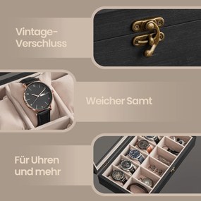 Caixa para relógios em madeira maciça 21 x 35 x 8,5 cm, com tampa de vidro e 12 compartimentos Preta