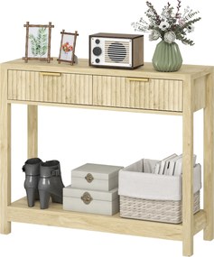Mesa Consola de entrada de 90 cm, mesa de entrada estreita com 2 gavetas com ranhuras e prateleira, estilo moderno, madeira natural