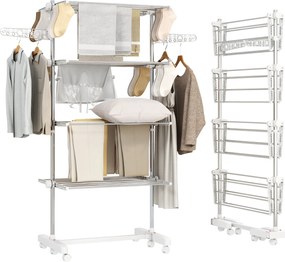 HomCom Estendal de Roupa 4 níveis com Rodinhas tipo Pendurador Móvel Branco e Aço Inoxidável (80-142)x55x172 cm | Aosom Portugal