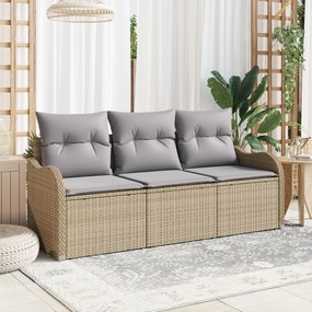 Conjunto de Sofá de Jardim de 3 Peças com Almofadas Bege Rattan Poli