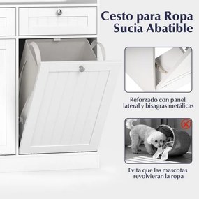 Armário para roupa suja 79 x 40 x 80 cm com dupla inclinação com Estante, 2 gavetas e 2 sacos para roupa suja removíveis Branco