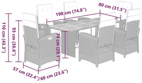 7 pcs conjunto de jantar p/ jardim c/ almofadões vime PE preto