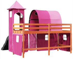 Cama alta para criança com torre 90x190 cm pinho maciço rosa