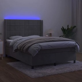 Cama box spring c/ colchão/LED 140x200 cm veludo cinzento-claro