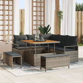 Conjunto de Sofá de Jardim com 8 Peças e Almofadas Cinza Rattan Poliéster Acácia