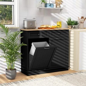 Armário de cozinha 100 x 35 x 90,5 cm com caixote lixo rebatível de 42 L 2 gavetas Estante ajustável para sala de jantar Preto
