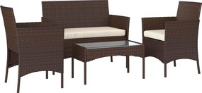 Outsunny Conjunto de Jardim em Vime com Almofadas Móveis de Exterior com 2 Poltronas Sofá de 2 Lugares Mesa com Vidro Marrom e Bege | Aosom Portugal