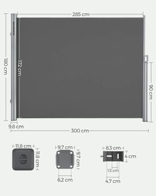 Toldo lateral 180 x 300 cm Poliéster (280 g/m²) + revestimento PU à prova de água cinzento