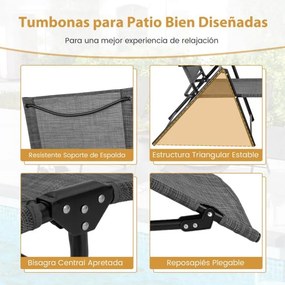 Conjunto de 2 espreguiçadeiras jardim dobráveis com encosto de 6 níveis Assento respirável Tecido Estrutura metálica 189 x 64 x 102 cm Cinzento