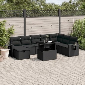 9 pcs conjunto de sofás p/ jardim c/ almofadões vime PE preto