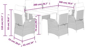 7 pcs conjunto jantar p/ jardim c/ almofadões vime PE castanho