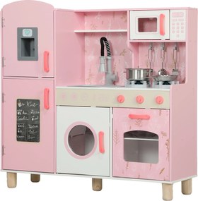 Cozinha de Madeira para Crianças com Sons Fogão Forno Micro-Ondas Máquina de Gelo e Acessórios 90x33,3x91,6 cm Rosa
