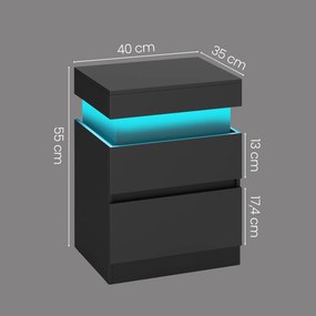 Conjunto de 2 mesa de cabeçeira 35 x 40 x 55 cm com iluminação e com base de carregamento Pretas