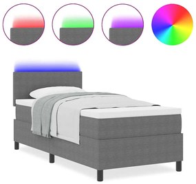Cama Box Spring com Colchão &amp; Luz LED Cinzento Cama de Solteiro em Tec