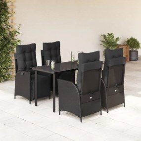5 pcs conjunto de jantar p/ jardim c/ almofadões vime PE preto