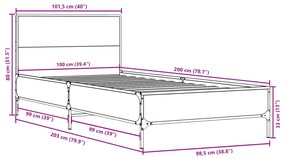 Estrutura cama 100x200 cm derivados madeira/metal cinza sonoma