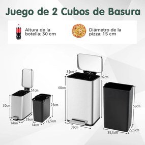 Conjunto de caixotes do lixo de 40 litros + 6 Litros em aço e baldes interiores amovíveis para lixo de cozinha Prateado