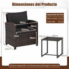 Conjunto de 3 móveis de rattan para jardim, com 2 cadeiras, mesa de vidro e almofadas pretas com capas removíveis, para jardim, terraço ou piscina Cas