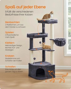 Arranhador para gatos 48,5 x 48,5 x 140,7 cm com uma grande caverna e várias áreas para brincar e descansar cinzento escuro