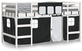 Cama alta criança c/ cortina 90x200cm pinho maciço branco/preto