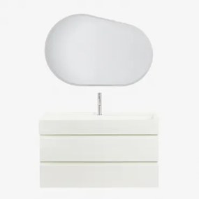 Conjunto De Móvel De Casa De Banho Em Madeira E Chapa De Freixo Com Lavatório Integrado Ona Branco & Oval Led E Anti-embaciamento 100x65 Cm - Sklum