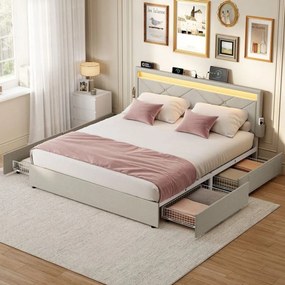 Estrutura de cama com iluminação LED 140 x 200 cm (COLCHÃO NÃO INCLUIDO) , gavetas e cabeceira bege cappuccino