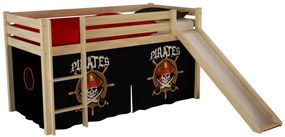 Conjunto Cama alta de Criança PINO 90 x 200 cm + estrado + escada + escorrega + cortina Piratas Natural