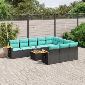 11 pcs conjunto sofás de jardim c/ almofadões vime PE preto
