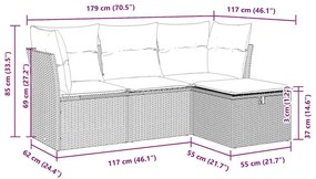 4 pcs conjunto sofás de jardim c/ almofadões vime PE cinzento