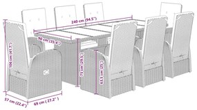 9 pcs conjunto de jantar p/ jardim c/ almofadões vime PE cinza