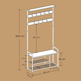 Cabideiro entrada Hall cabide com 9 ganchos 30 x 85 x 180,5 cm branco, cor de carvalho