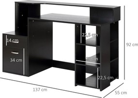 Secretária com 2 gavetas, secretária com arrumação, 137 x 55 x 92 cm, prateleiras abertas e suporte para impressora, estilo moderno, secretária para c