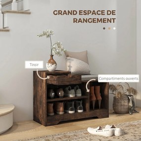 Banco para Calçado com Arrumação, 76,5 x 30 x 52 cm, 1 Gaveta e 3 Compartimentos, Castanho