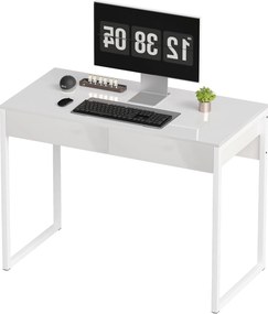 Secretária com 2 gavetas, mesa para computador de 100 x 50 cm, secretária moderna com base em aço, para espaços pequenos, branco brilhante